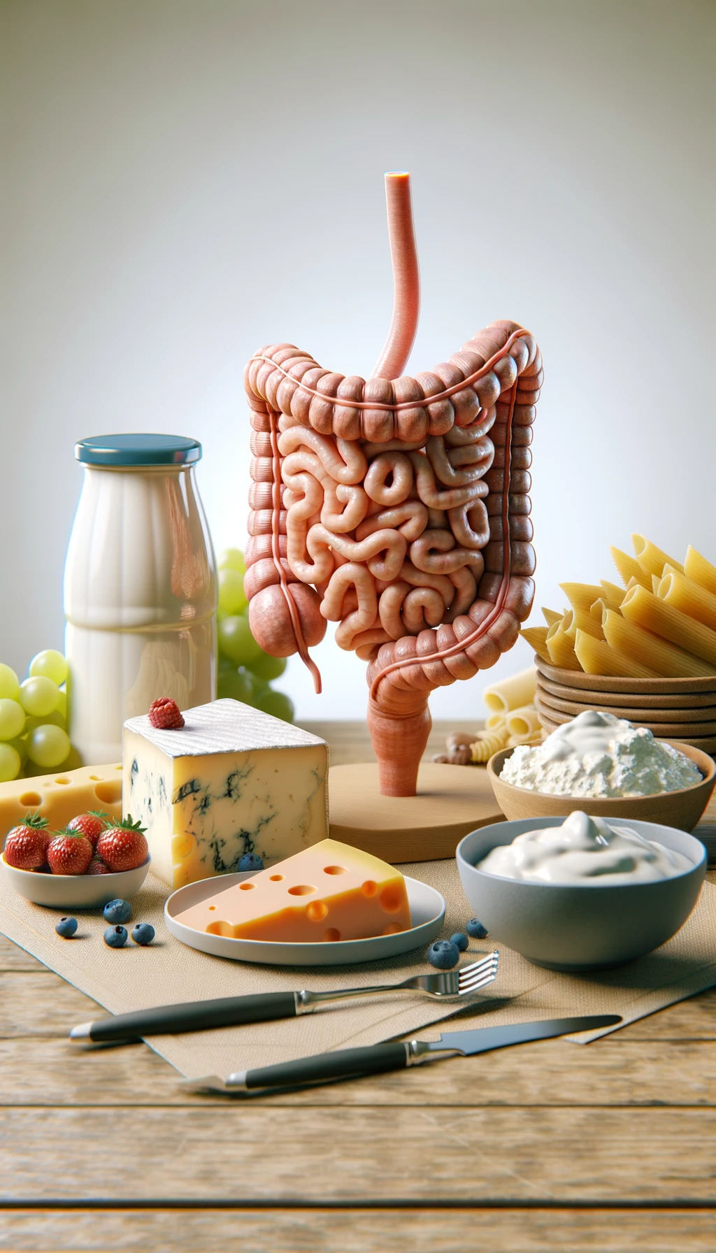 su un tavolo ci sono yogurt, formaggi, pasta, insieme ad un intestino umano anatomico, iperrealistico 4k, SFONDO CHIARO emoji