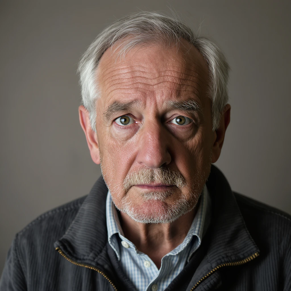 70 year old tired man, face marked by time, fatigued expression, gray hair, realistic illustrative style, neutral background emoji