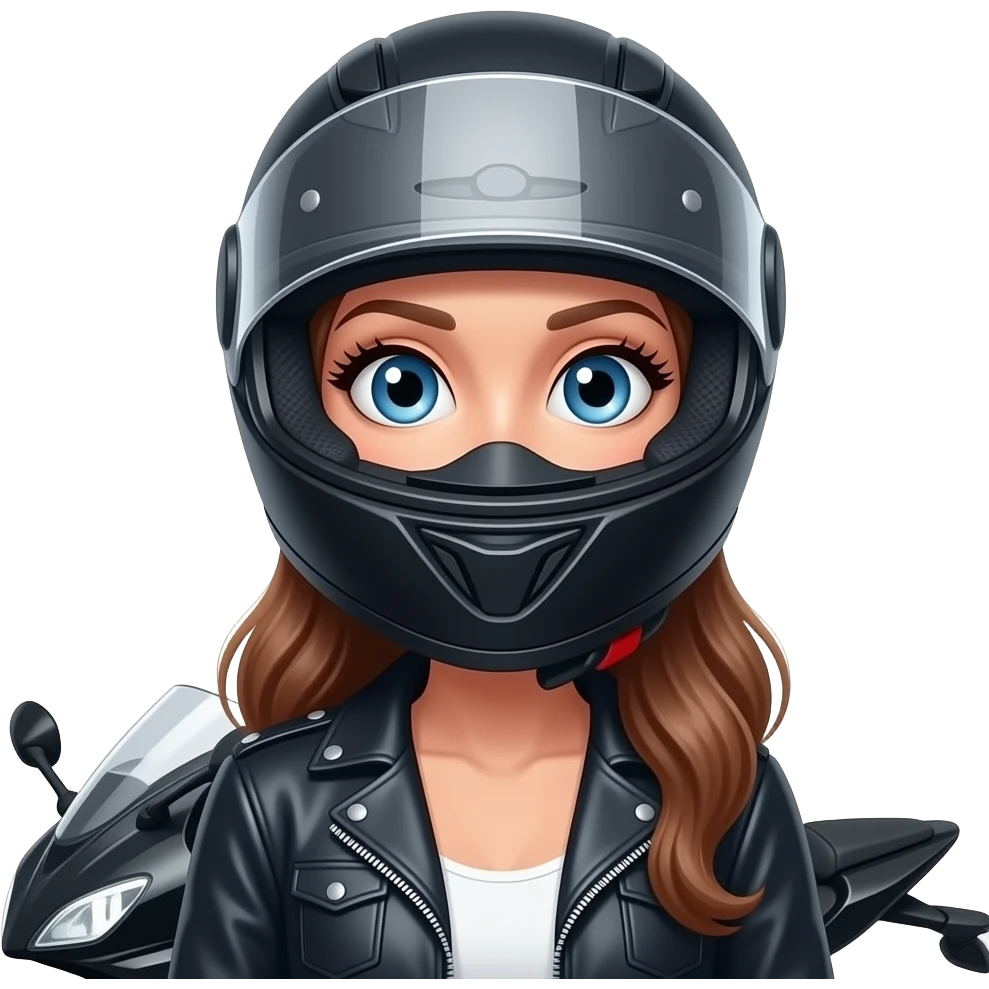 mulher com um capacete de mota que SÓ se ve os seus olhos ou seja a cara é quase toda tapada com o capacete menos os olhos porem aberto e que se veja os cílios bem grandes e a mota ao lado da mulher e a mesma com roupa de motoqueira com os olhos mais relaxados emoji