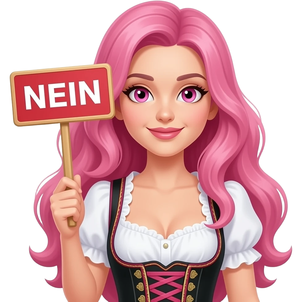 sexy girl with long pink hair and pink eyes wearing a dirndl holding a NEIN sign emoji
