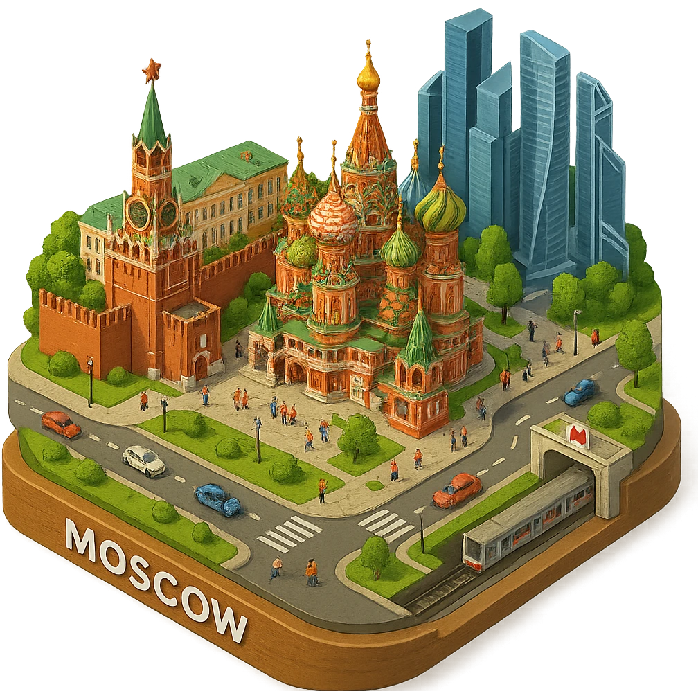 Изометричная миниатюрная 3D модель Москвы на подставке - фотореалистичный Кремль, собор Василия Блаженного, фотореалистичный Башни Москва-Сити, аккуратная детализация, четкие линии, яркие цвета, мультяшный реализм, гуляют люди и современный автотранспорт и метро, компактная композиция, вид сверху в изометрии, прозрачный фон emoji
