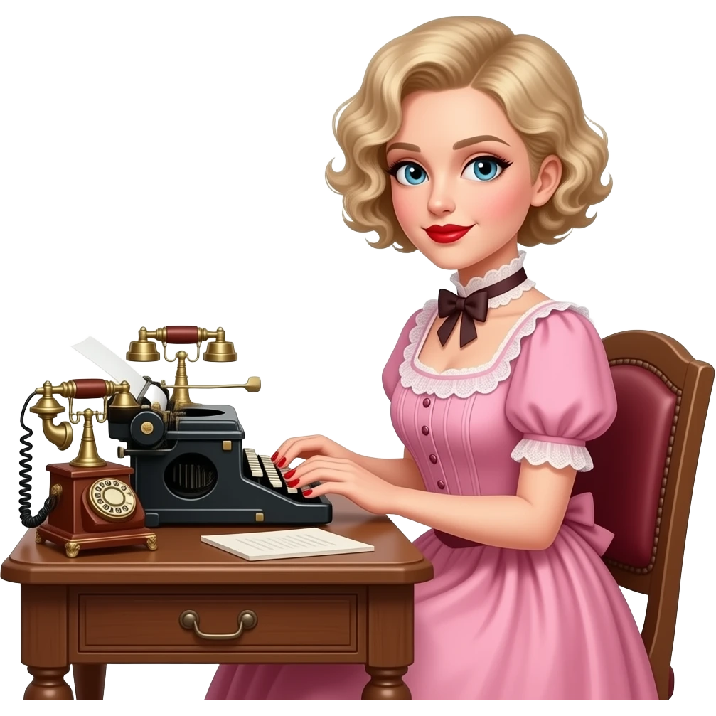 short blonde curly pixie bob hair in a 1800 pink outfit sitting down an antique desk, antique phone, and typing on an antique typewriter with red lipstick, red finger nails and in a Victorian setting background emoji