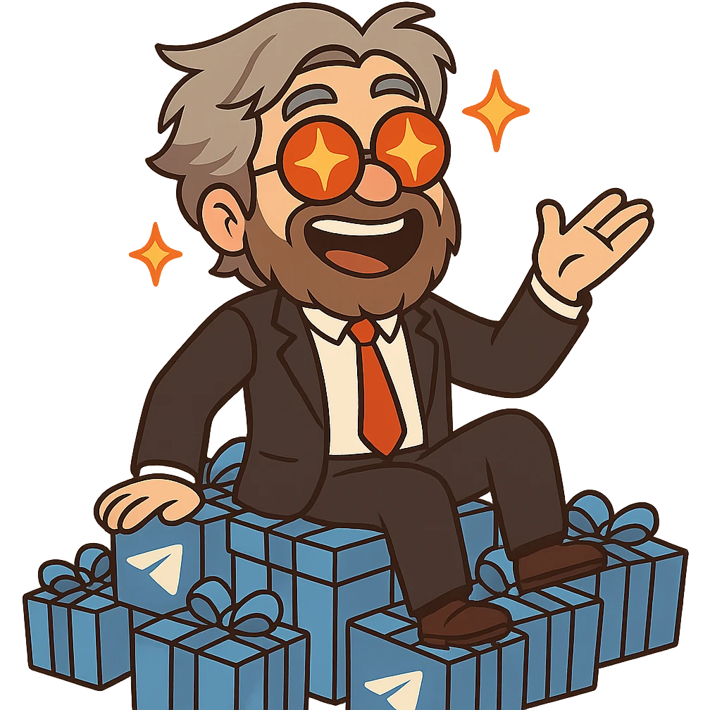 A middle-aged animated character with light grey tousled medium-length hair and a thick well-groomed brown-grey beard, wearing round glasses with red lenses that reflect bright orange-yellow stars. He has a very joyful, charismatic expression with an open-mouthed smile showing teeth. He is dressed in a formal black suit, white shirt, and red tie, sitting on a pile of Telegram collectible gifts. emoji