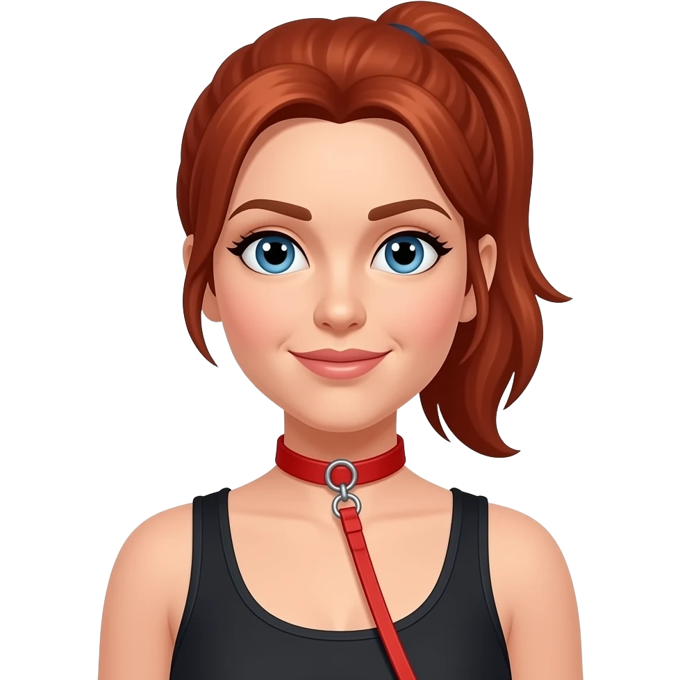 red hair in ponytail blue eyed woman in her 30's in red collar and leash, black tank top, emoji