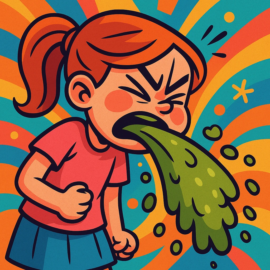 a girl vomiting, expressive, cartoon style emoji