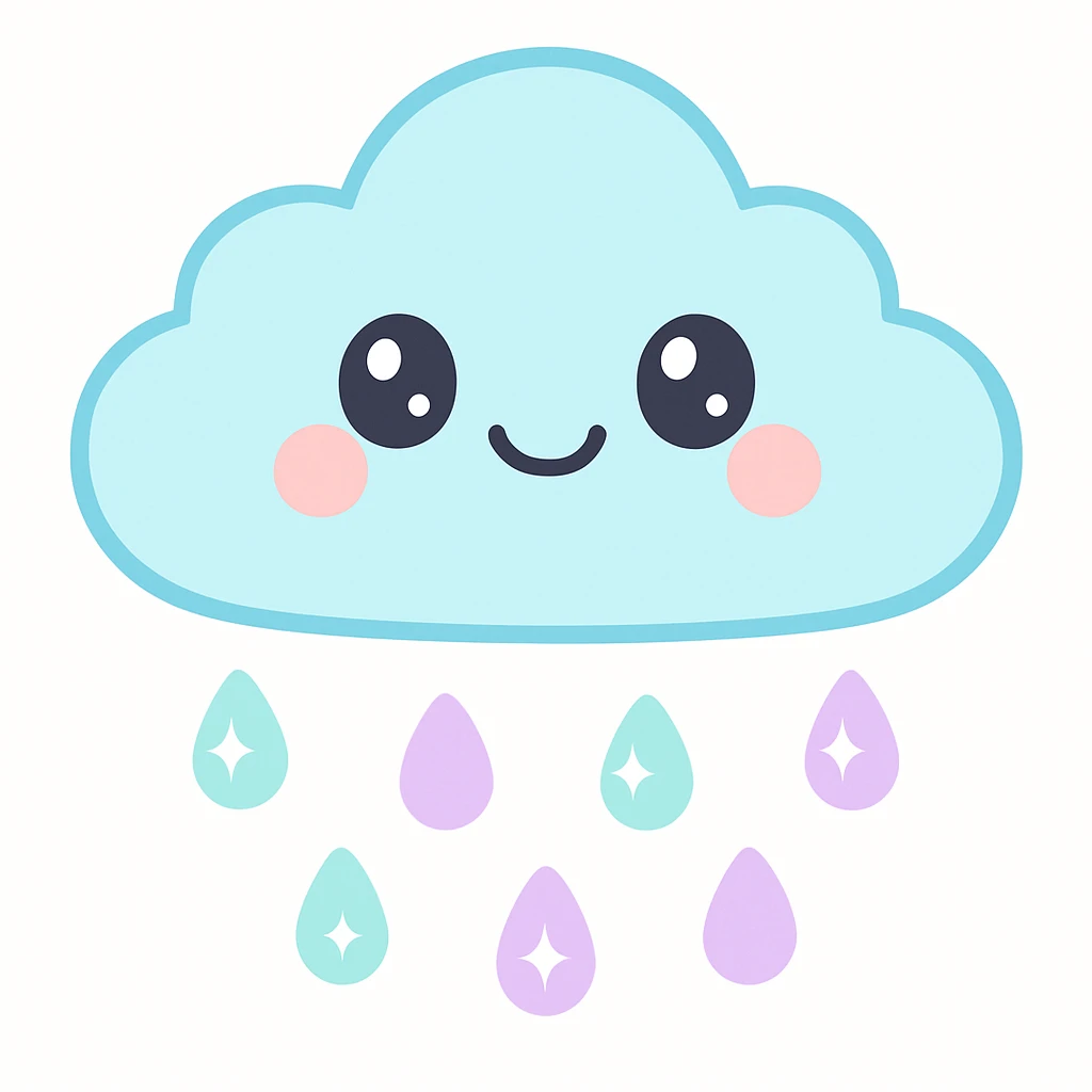 cute rain icon with cloud with blushing cheeks and sparkling raindrops, soft and inviting emoji