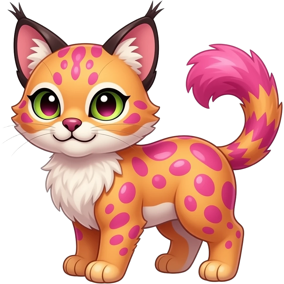 Cute kawaii cool edgy badass vivid tropical mango-lime-pink splash-patterned silky fur fantasy-caracal-civet-genet-sergal-vernid-Gryphon-Cacomistle-Trico-oncilla-animal-Fakémon-hybrid-fursona (full body), facial markings, (realism style) emoji