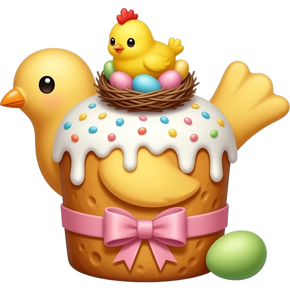 панеттоне в форме голубя золотистого цвета, высокий, с белой глазурью с разноцветной  посыпкой,  с ленточкой вокруг светло розового цвета и украшением сверху в виде гнездышка с очень мелкими  яичками пастельных, желтым пушистым птенчиком с красным гребешком emoji