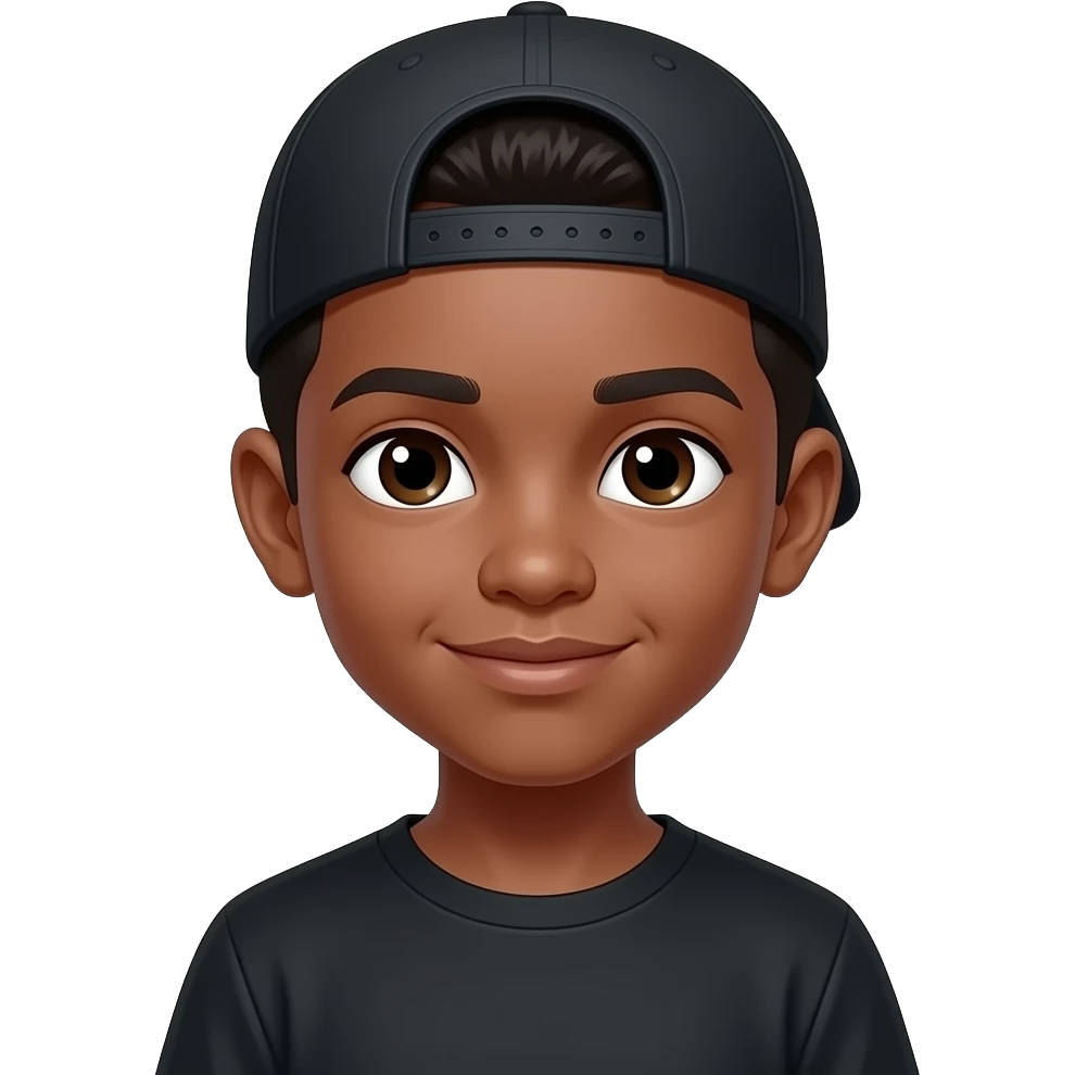 Podrías hacer un chico morenito, que tenga una gorra hacia atrás, con el pelo negro, como camisa negra y que la gorra sea negra emoji