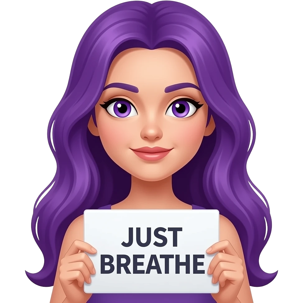 sexy girl with long purple hair and purple eyes holding a JUST BREATHE... sign emoji