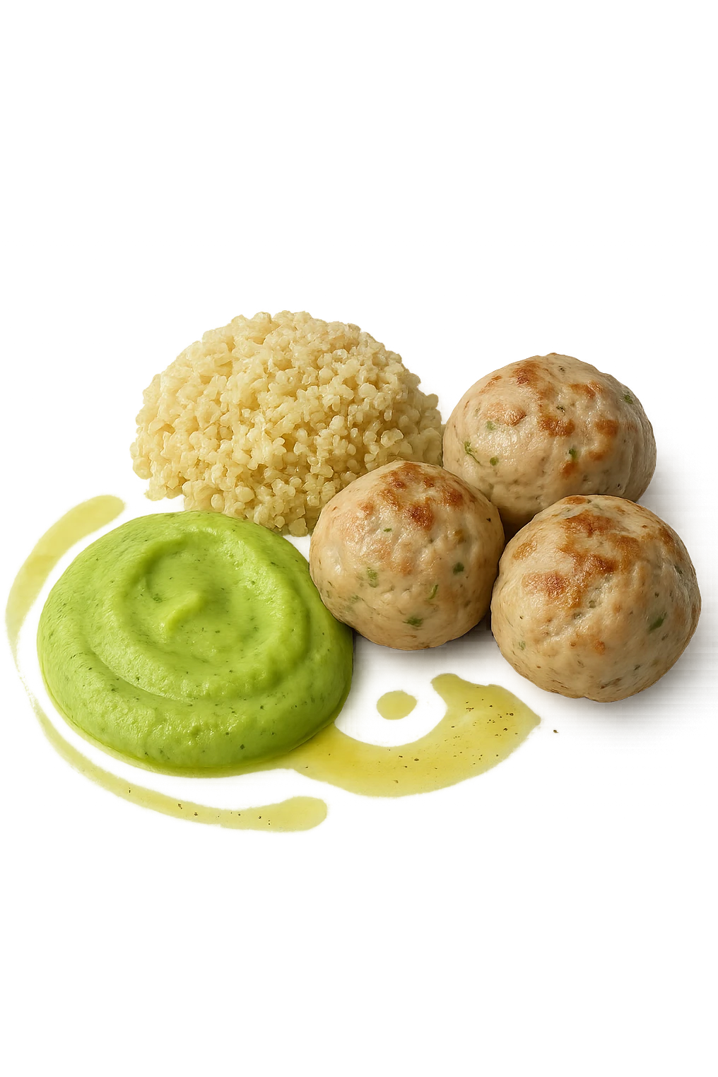 polpette di tacchino, purè di zucchine, quinoa e olio di oliva, iperrealistico 4k emoji