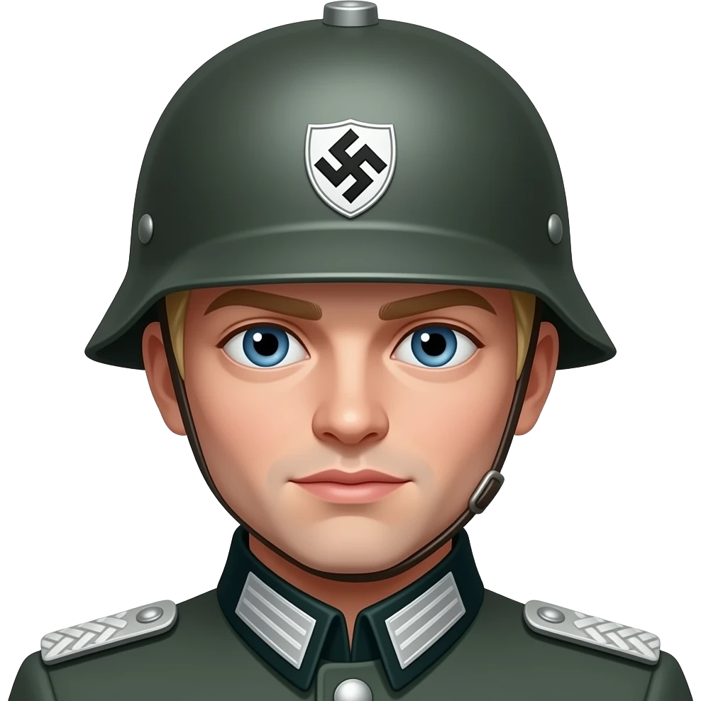 Blonde hair, blue eyed, Nazi Schutzstaffel officer with a german ww2 helmet with the Schutzstaffel bolts in a white shield on them emoji
