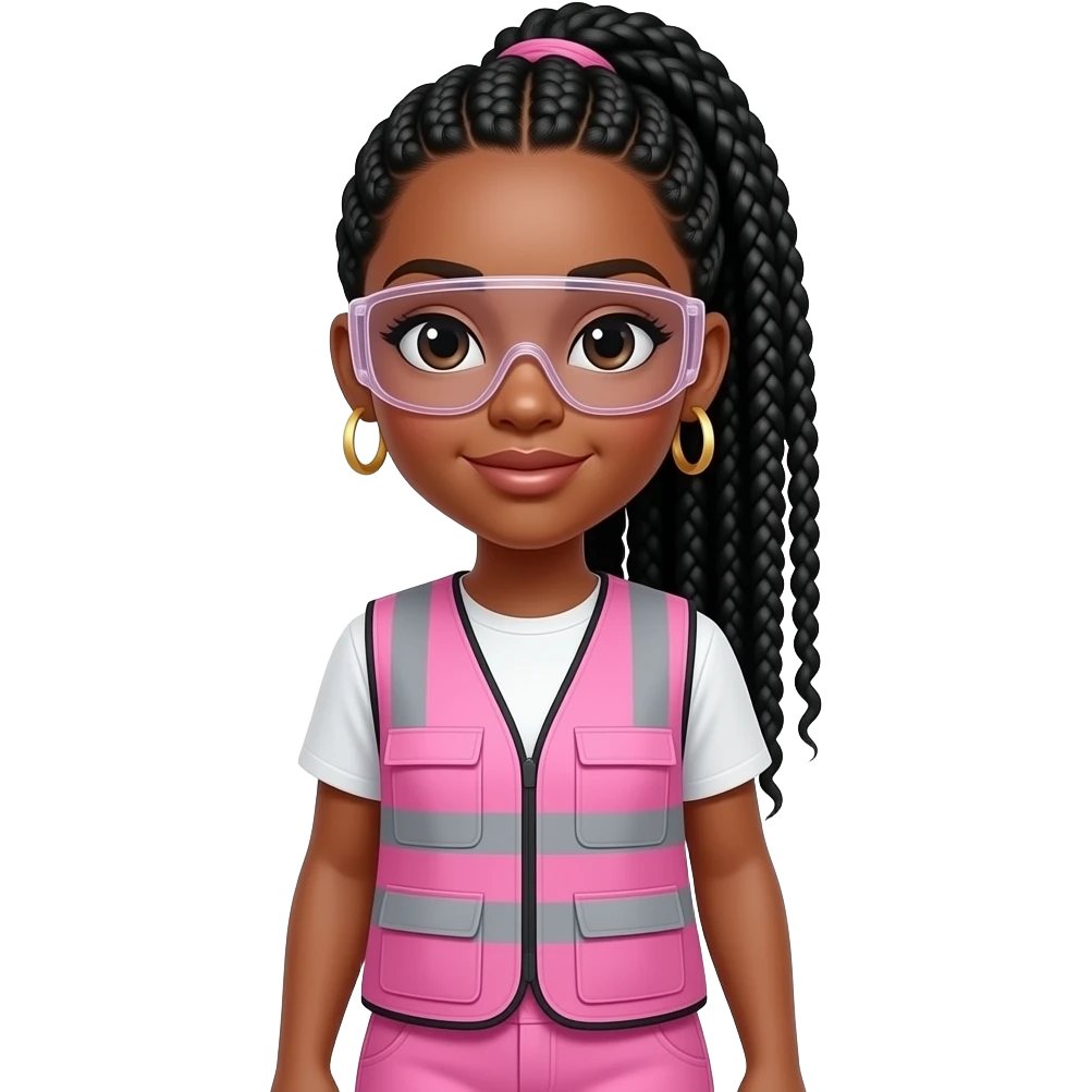 African American women with brown eyes with long black box braids in ponytail wearing gold hoop earrings wearing pink and clear safety glasses wearing a pink construction vest wearing pinkpants emoji