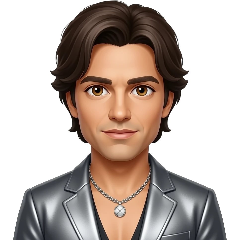 Enrique Iglesias with brown eyes, dark brown hair, gray metallic latin pop outfit, necklace emoji