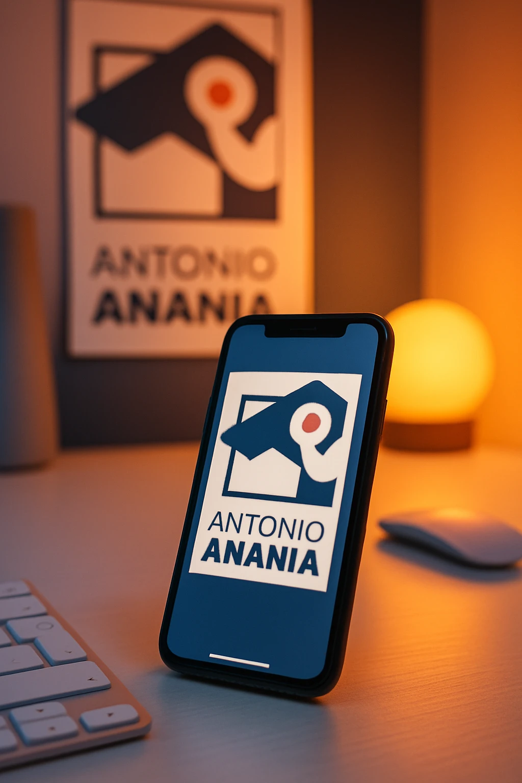 A photo of an iPhone on the desk with the logo of "Antonio Anania" on its screen, The phone sits atop a desk with a blurred with the logo in the background that suggests work environment. A faint glow from above casts gentle shadows across the surface of each object, creating depth and highlighting their textures emoji