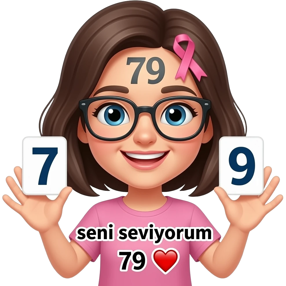 Şimdi senden gülen bir yüz ve bir elinde 7 bir elindede 9 olsun başını tam üstünede 79 istiyorum başının föşesine bir pembe kurdele koy ama kız olsun ve gözlük taksın ve alta şunu yaz seni seviyorum 79 ❤️ emoji