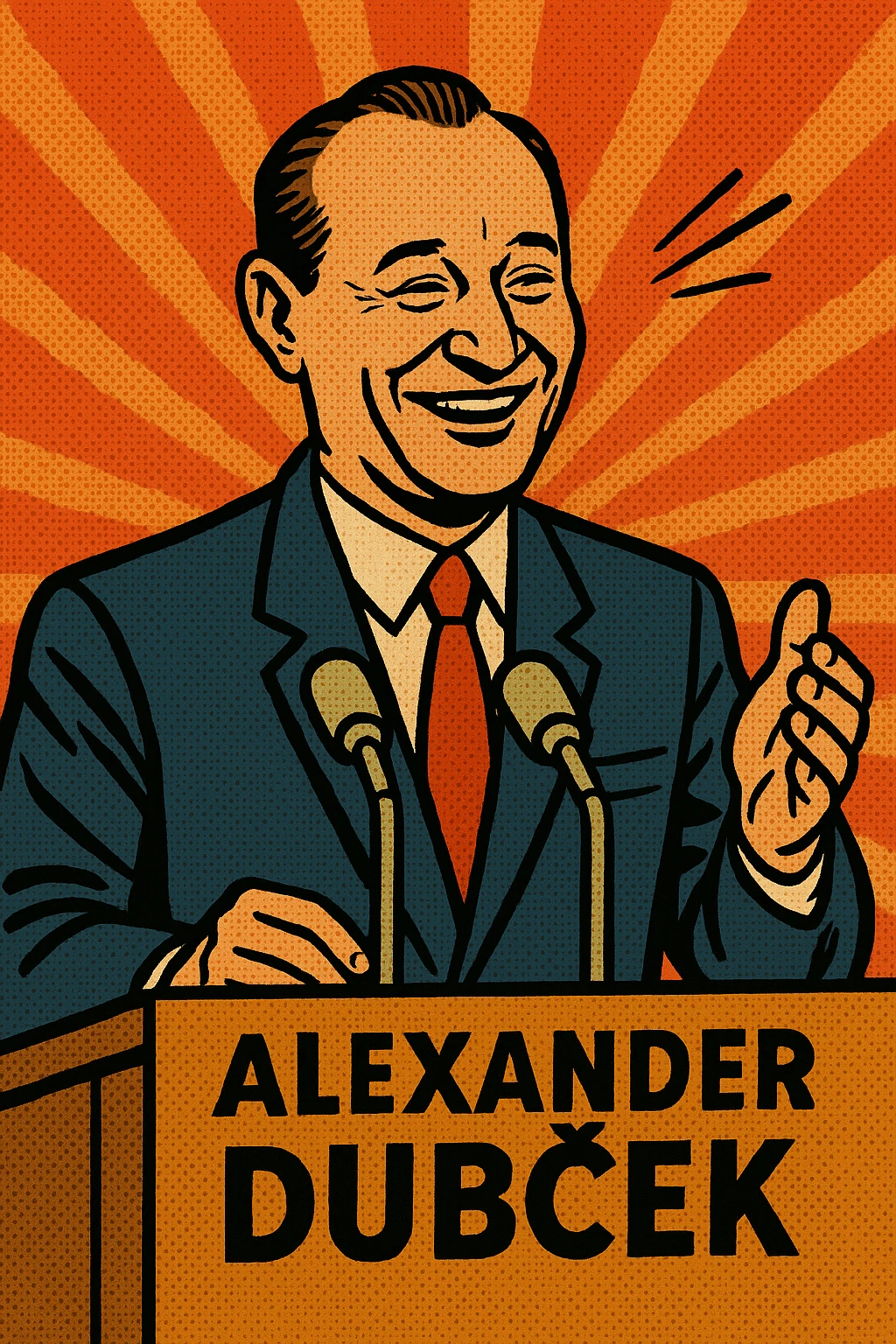 Alexander Dubcek making a speech in 1960s Czechoslovakia with a smile on his face emoji