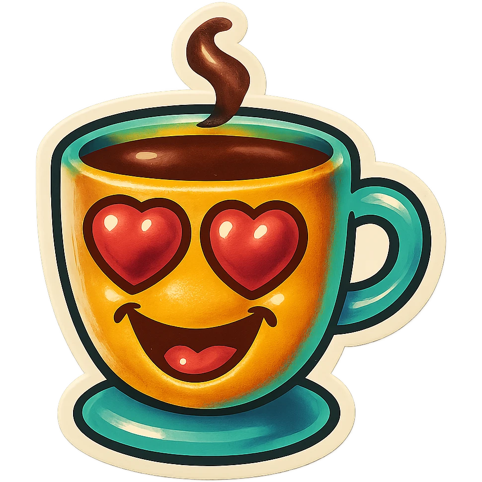 coffee cup creature, big heart eyes, dopey smile emoji