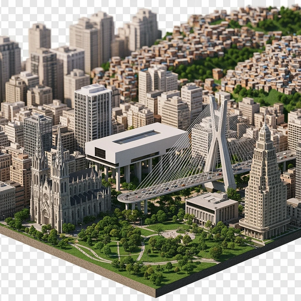 Isometric miniature of São Paulo Catedral da Sé, MASP, Octávio Frias Bridge, and Altino Arantes building, favelas on hillsides, dense chaotic urban blocks, and green parks 3D miniature effect and Tilt Shift effect, no cartoonish look, transparent background. emoji
