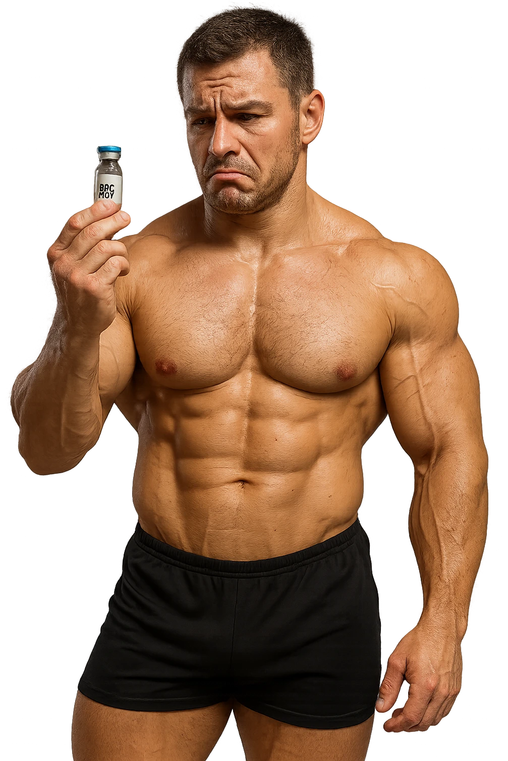 BODYBUILDER A FIGURA INTERA CHE TIENE IN MANO UNA FIALA MEDICA CON la scritta "BPC 157" SULL'ETICHETTA E LA GUARDA DUBBIOSO, iperrealistico 4k emoji