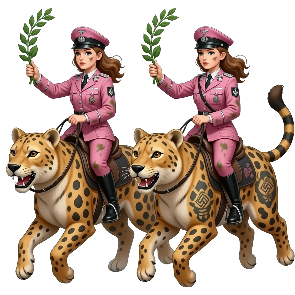 steampunk - two skinny and dirty female riders in pink German army uniforms from World War II ride in jumps on large tattooed hyenas with laurel branches in their hands emoji