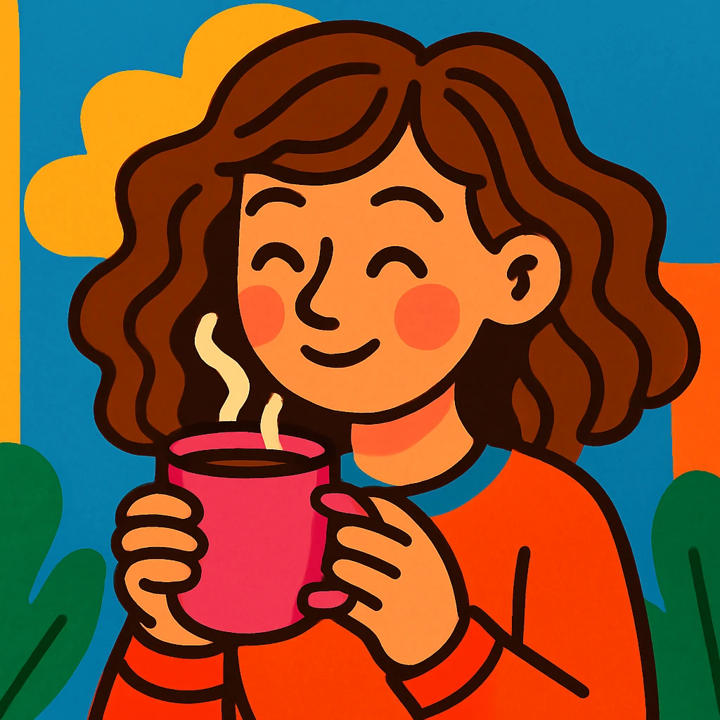 white girl with wavy brown hair, drinking coffee from a pink cup, vibrant and friendly illustration style emoji