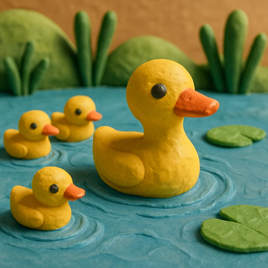 duck family swimming in a pond, vibrant colors, soft lighting, textured look, claymation style emoji