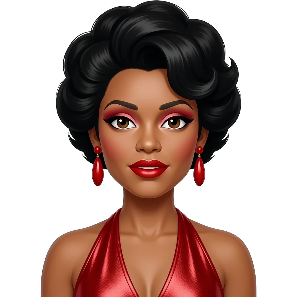 Aretha Franklin with dark brown eyes, black beehive hair, red eyeshadow and lipstick, red metallic halter dress, red earrings emoji