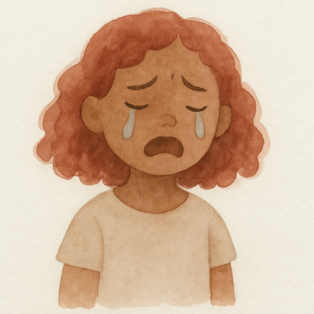 menina parda, cabelo cacheado avermelhado até os ombros, chorando, estilo aquarela suave emoji