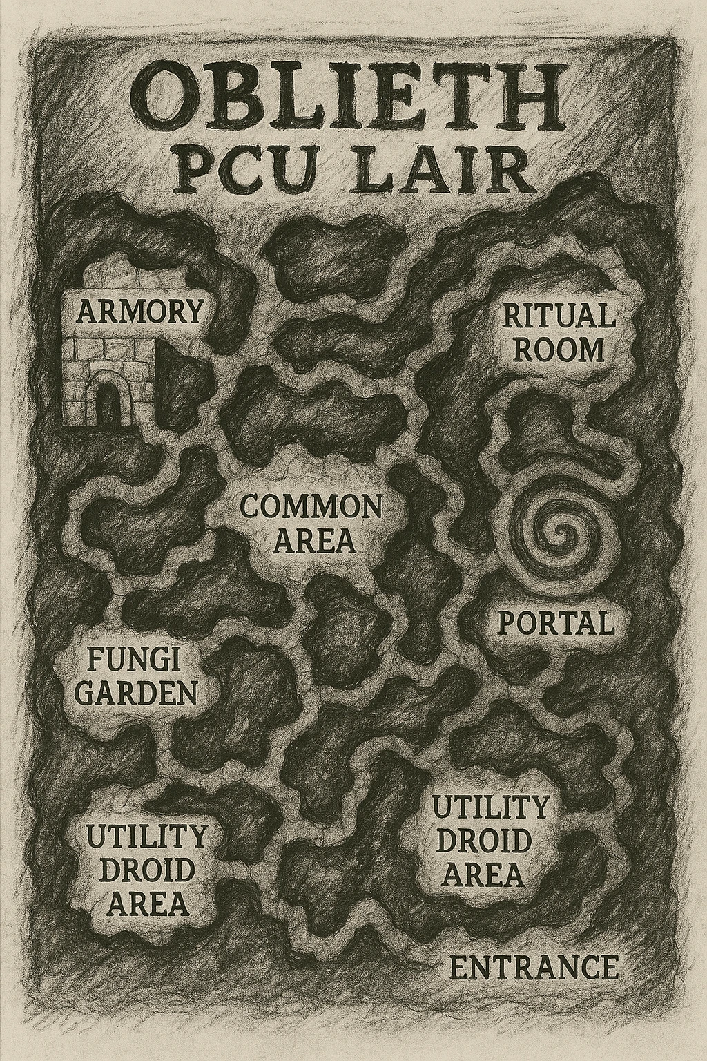 a hand drawn map of how to navigate the Oblieth cave system to find the PCU Lair emoji