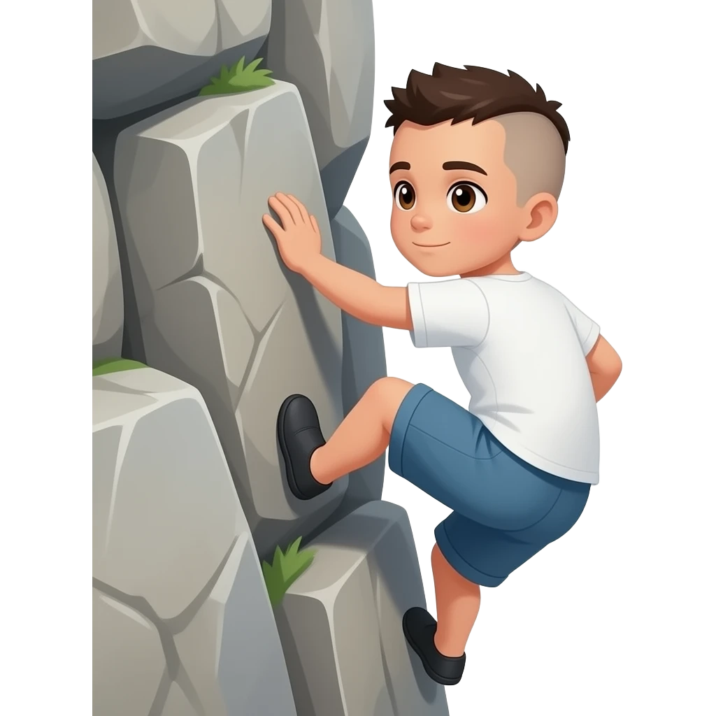 Hazme un chico con pelo rapado, en cresta y negro, ojos marrones. que este escalando de espaldas emoji