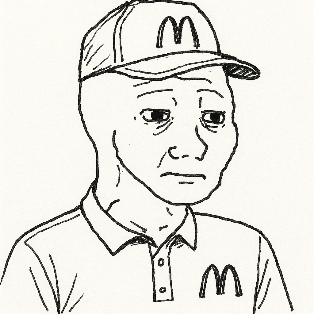 wojak meme style illustration of a McDonald's worker, wearing a McDonald's uniform and hat, simple background emoji