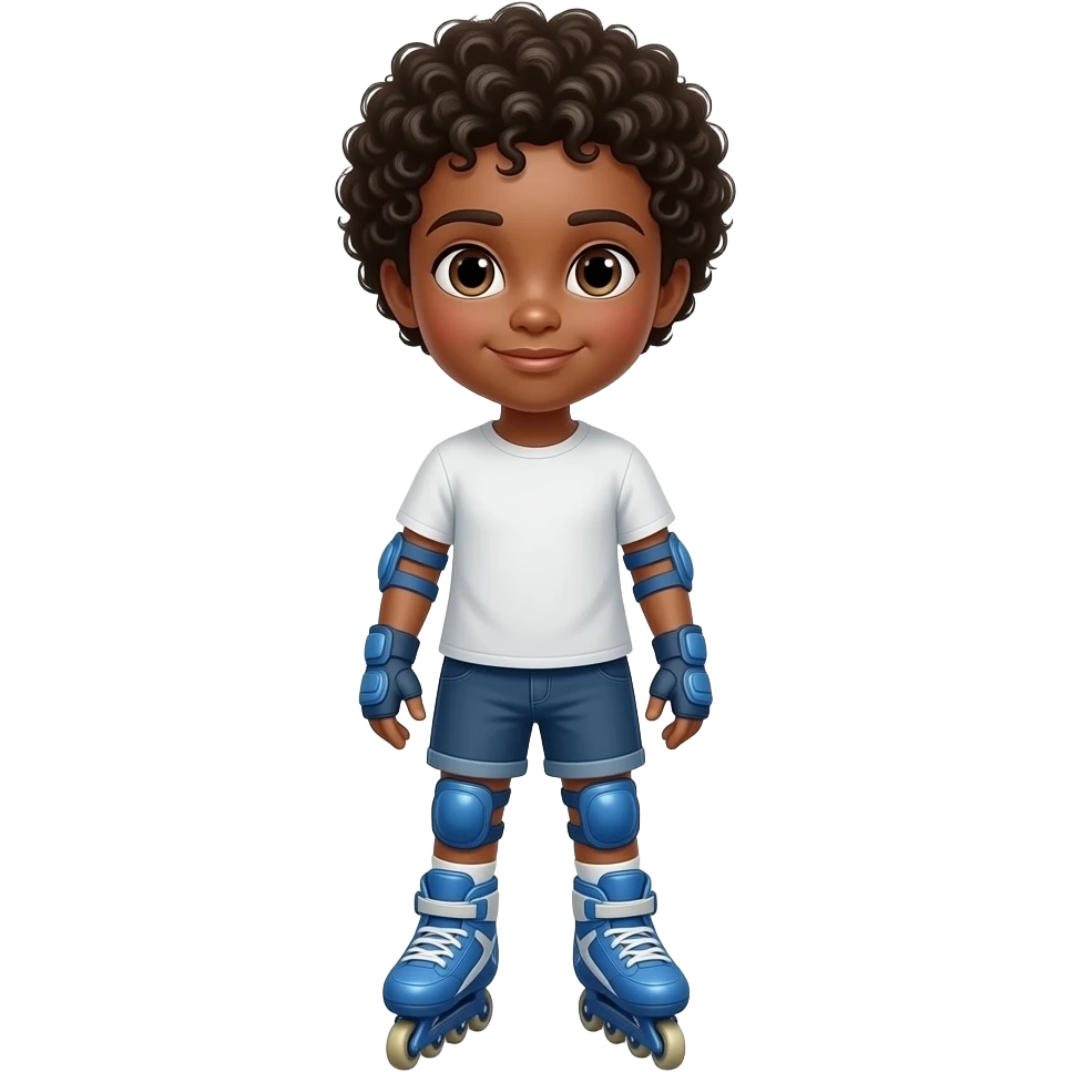 Child black boy curly hair, standing upright, wearing blue elbow pads and knee pads, with blue  roller skates, ready-to-play expression, front-facing pose. emoji