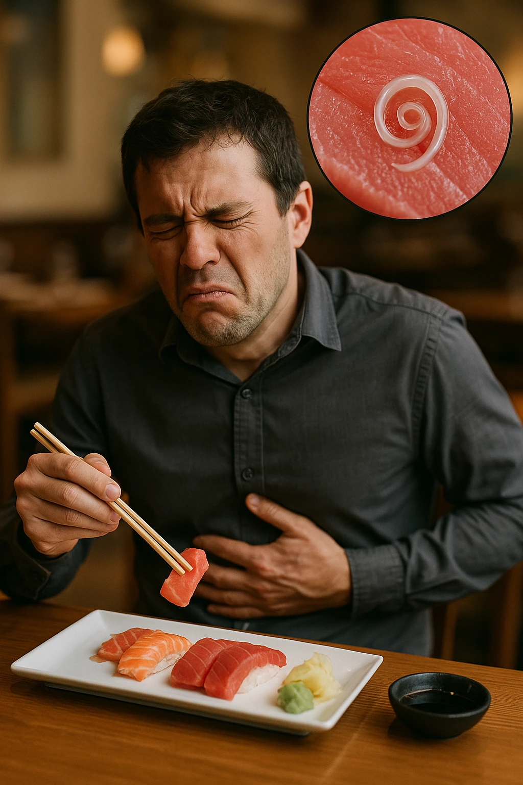 a man sits at a restaurant table, eating a plate of raw fish (such as sushi or sashimi). In a magnified inset, an Anisakis larva is visible inside a piece of fish. The man’s expression changes from enjoyment to sudden discomfort, holding his stomach with a pained look. The background is softly blurred, focusing on the man and the food. in italiano emoji