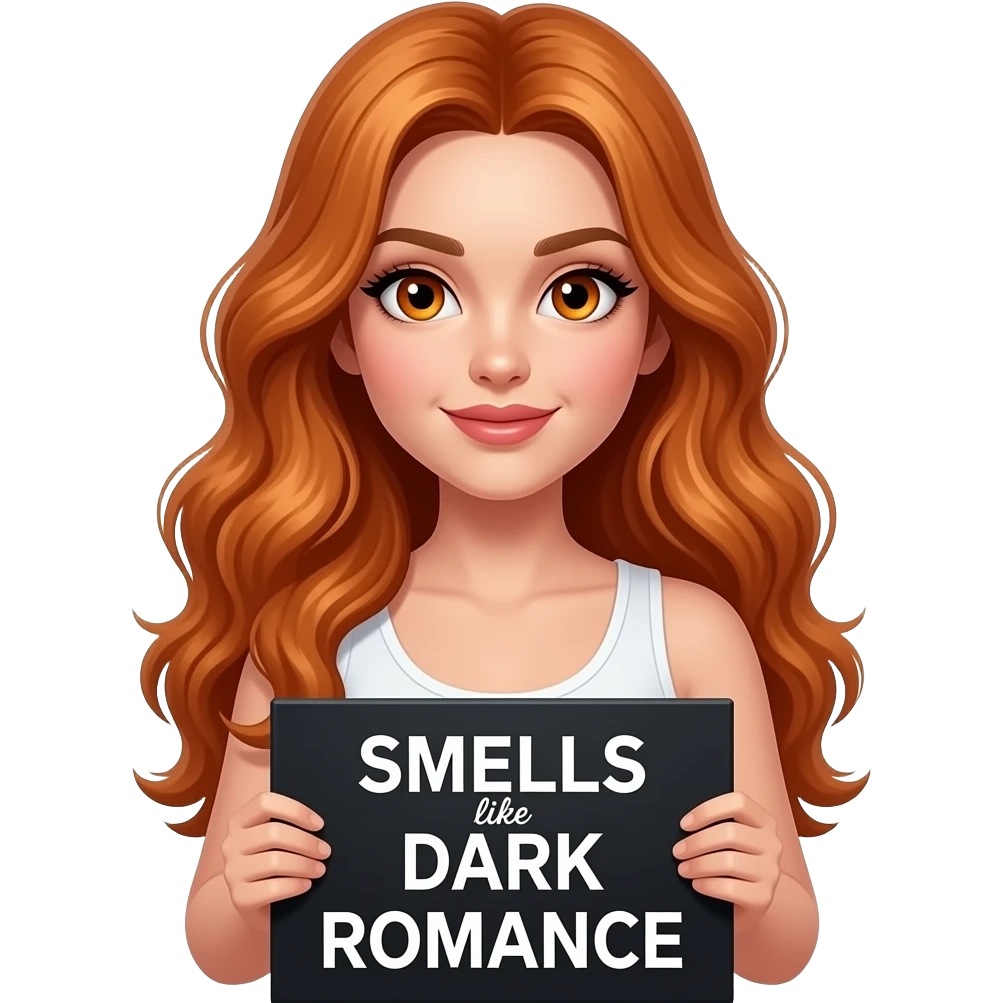 sexy girl with long wavy ginger hair and ginger eyes wearing a white tanktop is holding a black colored sign with SMELLS like DARK ROMANCE written on it emoji