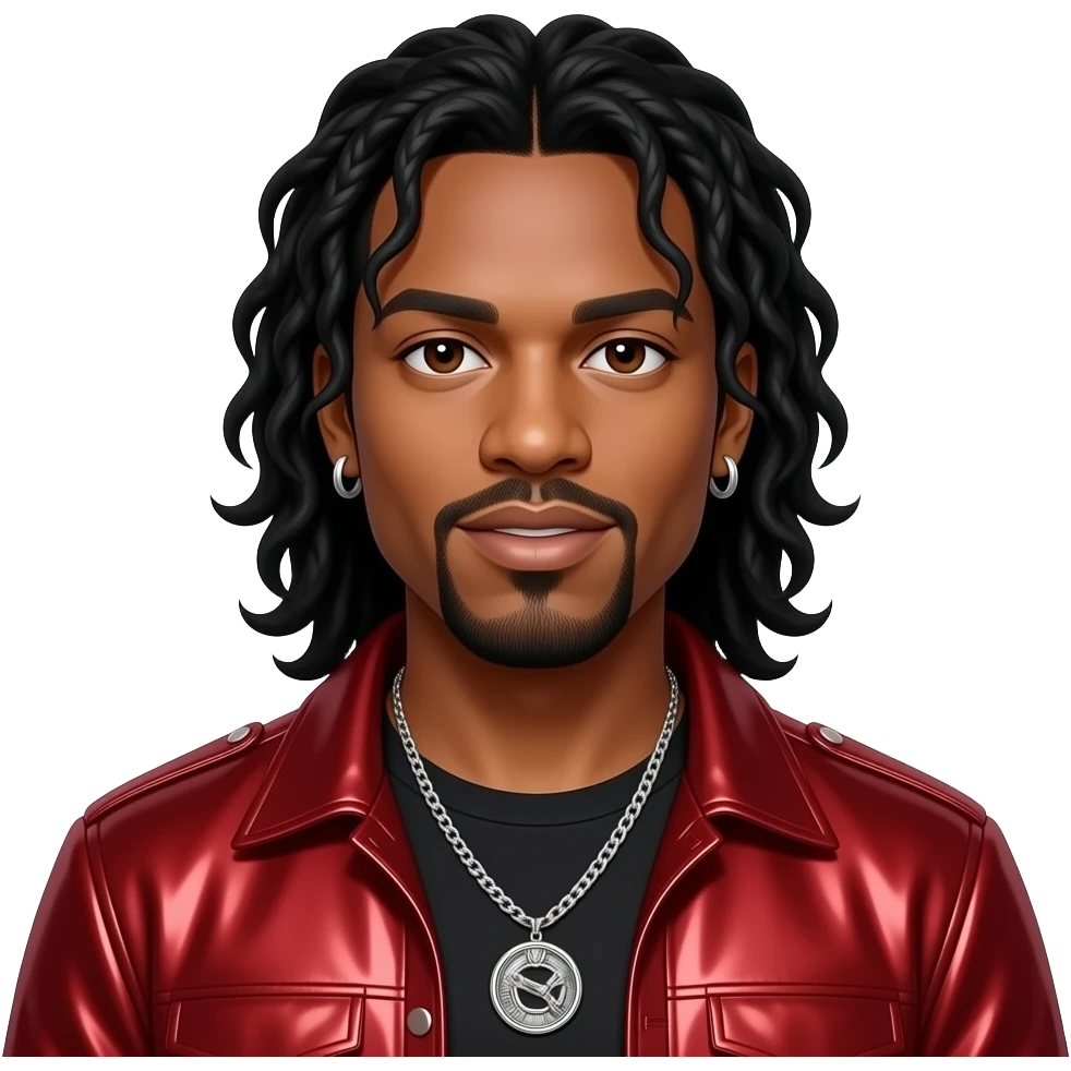 Kevin Thornton from Color Me Badd with dark brown eyes, long black 90s hair and short beard, red metallic new jack swing outfit, necklace and earrings emoji