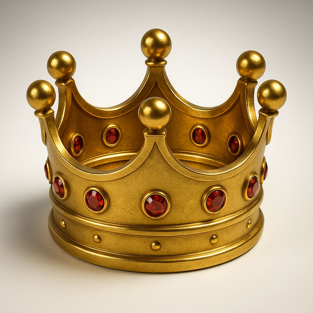 realistic big glowing gold crown with red gems, dramatic lighting, high detail emoji