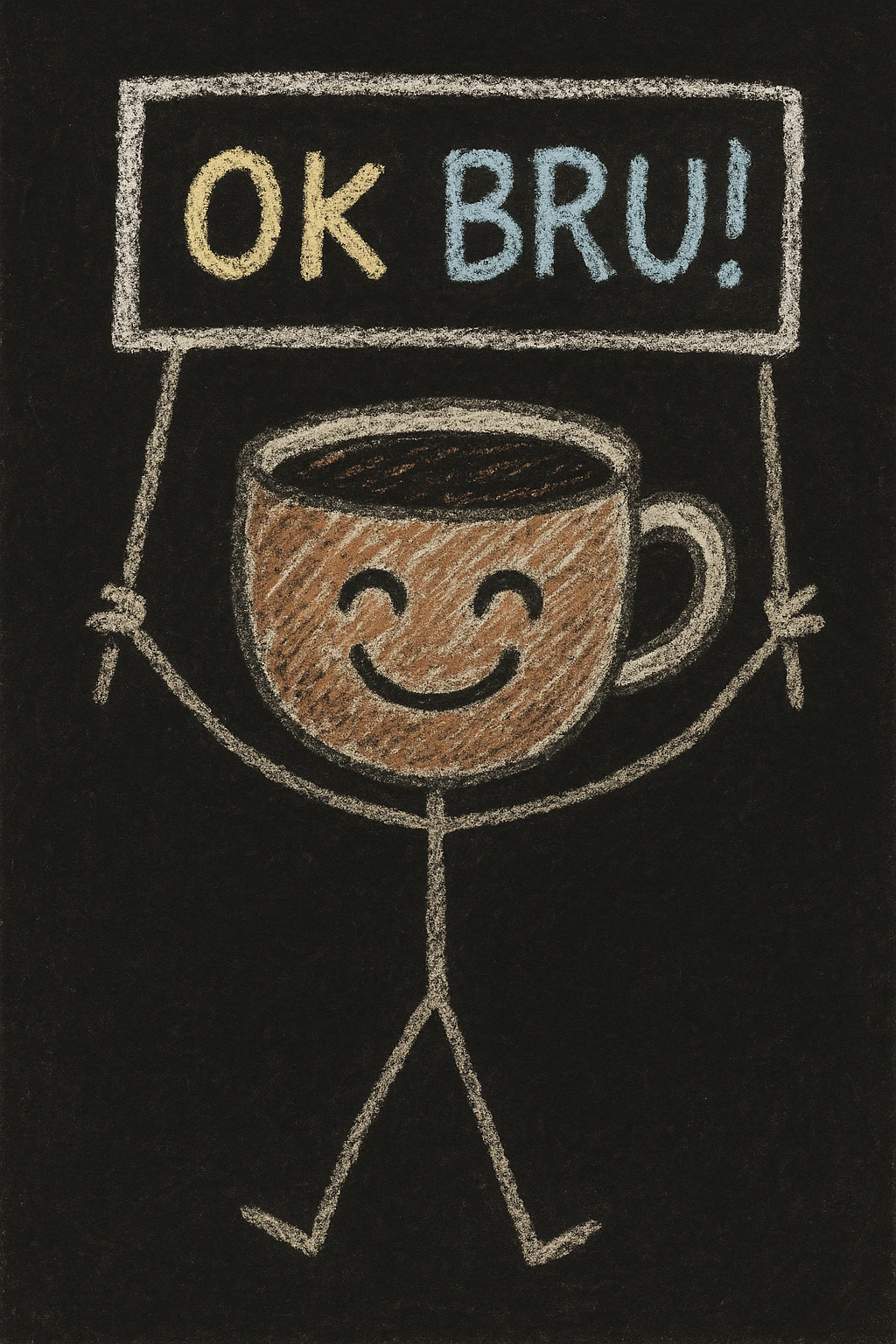 happy coffee cup character (coffee man) with arms, holding a chalky sign that reads 'OK BRU!' meaning 'OK bro', hand-drawn, pastel chalk texture, dark background, children's doodle style emoji
