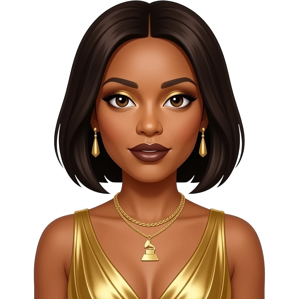Kelly Rowland from Destiny's Child with dark brown eyes, long dark brown bob hair, gold eyeshadow, dark brown lipstick, grammy gold dress, necklace and earrings emoji