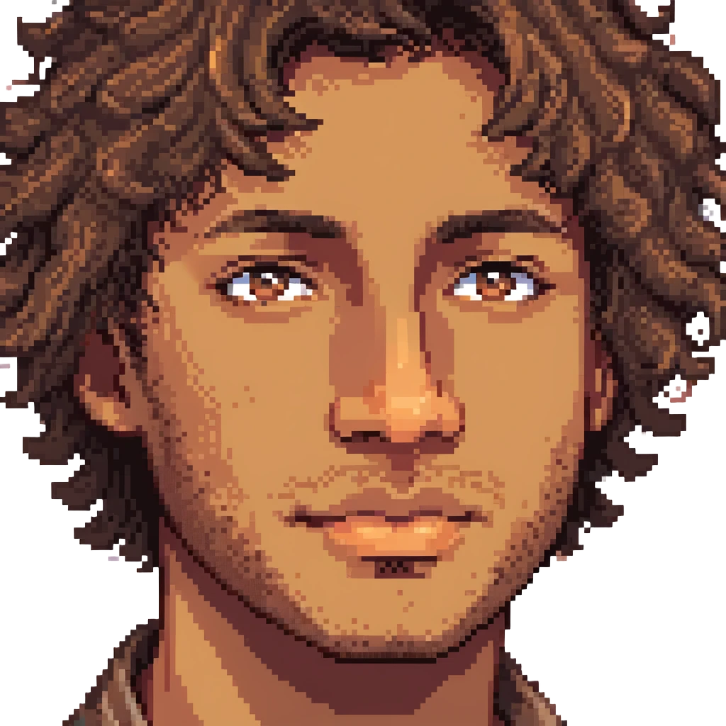 a man with wavy hair, light brown skin, and a small mole on his left cheek, pixel art style, facing slightly to the right emoji