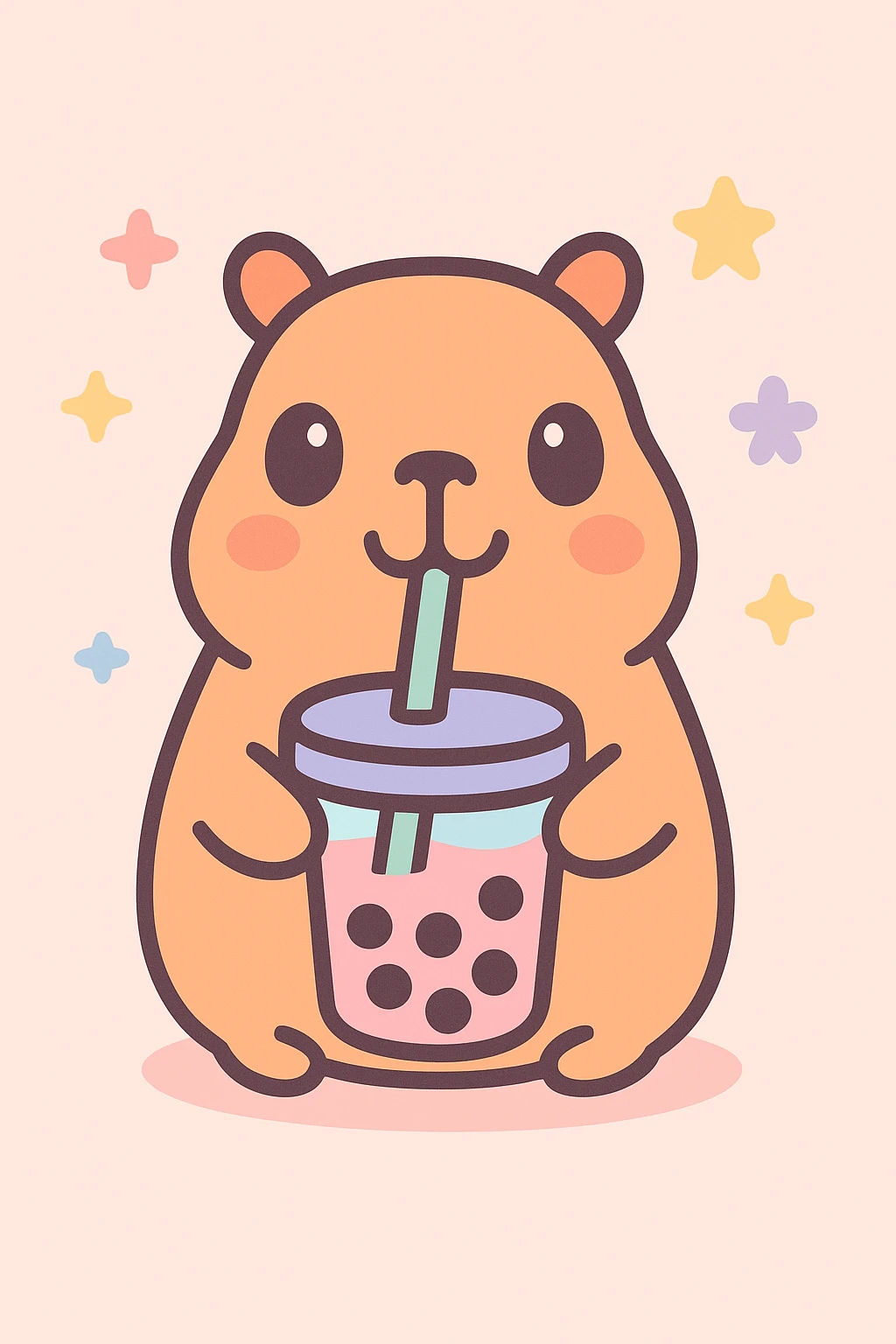 a fun and cute capybara drinking boba tea, playful and charming, adorable and friendly, with a straw and tapioca pearls visible emoji