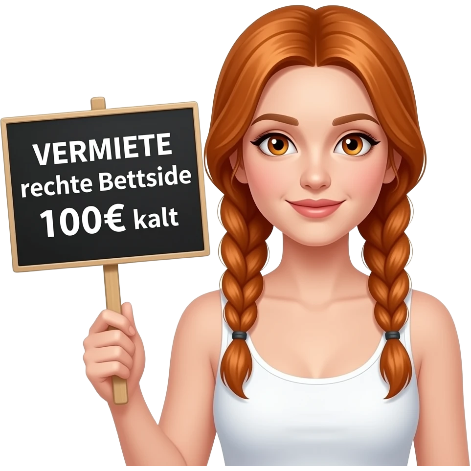sexy girl with long ginger braids and ginger eyes wearing a white tanktop is holding a black sign with VERMIETE rechte Bettseite 100€ kalt written on it emoji