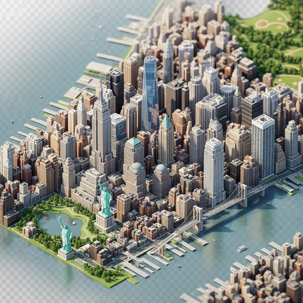 Isometric miniature of New York Сity Empire State Building, One World Trade Center, Statue of Liberty, Brooklyn Bridge, and Central Park chaotic low-rise blocks in outer boroughs 3D miniature effect and Tilt Shift effect, no cartoonish look, transparent background. emoji
