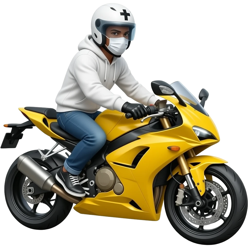 man wearing blue jeans, a white hoodie, black black gloves, a white crosshelmet with a dark eyes shield and a white mask on a yellow cross motorcycle emoji