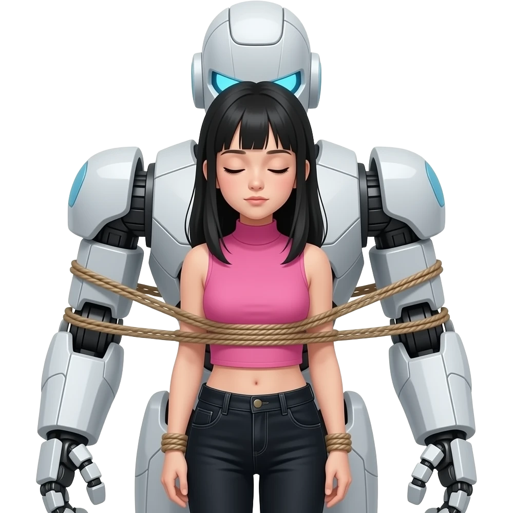 Teenage girl with long black hair wearing a pink sleeveless turtleneck top and long black jeans with her eyes closed and looking down and tied to a giant robot's body emoji