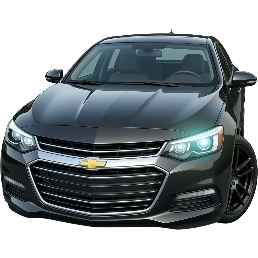 A realistic, high-detail photograph of a glossy black Chevrolet Malibu 2 Turbo Premier sedan with tinted windows and black alloy rims, bright LED headlights emitting a dinamic brighting glowing effect emoji