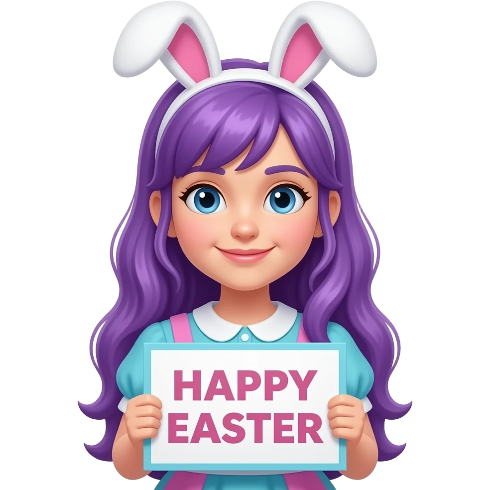 girl with long purple hair wearing a easter costume holding a HAPPY EASTER sign emoji