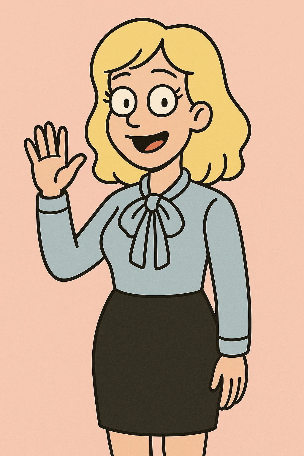 A woman light yellow hair Sky pink Flavia Pussy Bow Blouse Black Numana Straight Skirt a hand say hello emoji