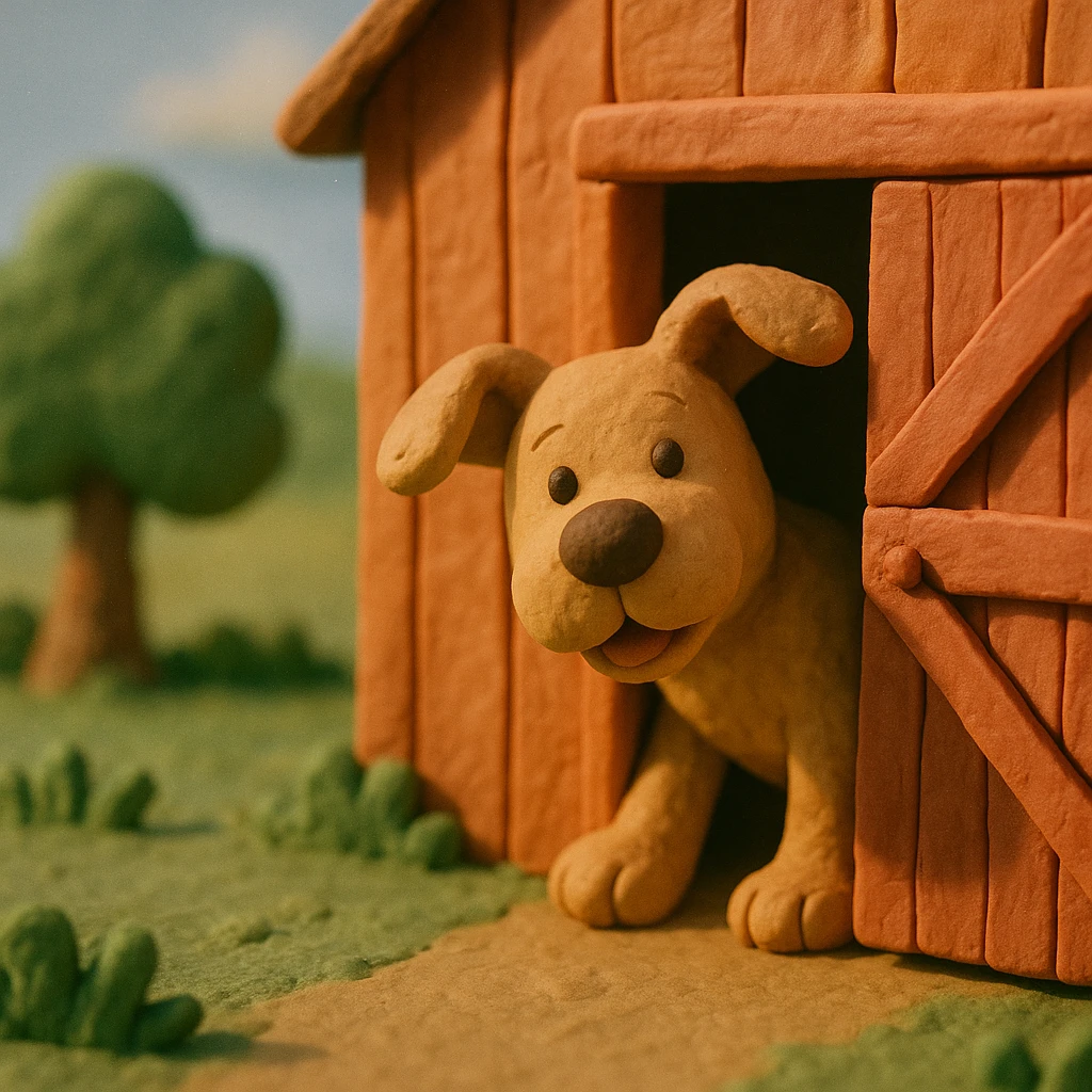 dog peeking out of a barn door, playful and cute, hand-molded details, claymation style emoji