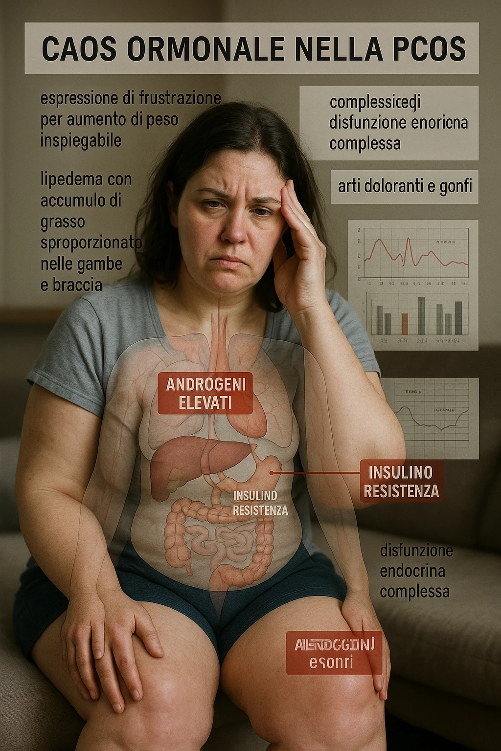cinematic realistic Woman with PCOS struggling with hormonal chaos, transparent overlay showing elevated androgens and insulin resistance affecting her body, lipedema causing disproportionate fat accumulation in legs and arms despite normal torso, expression of frustration with unexplained weight gain, medical charts showing complex endocrine dysfunction, painful swollen limbs contrasting with metabolic confusion scrivi i testi in italiano emoji